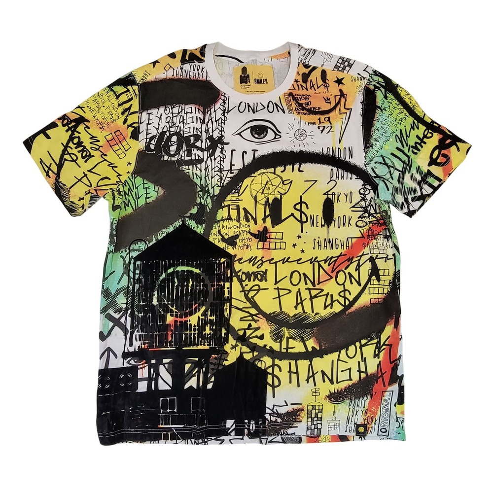 Smiley Industrial Indigo Graffiti All Over Print Graphic T Shirt Size‎ 2X